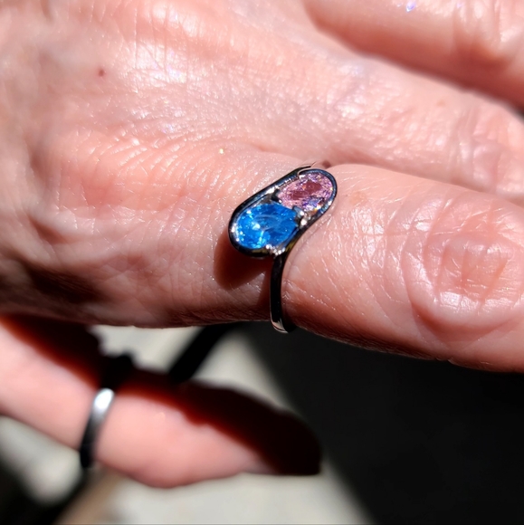 Mothers day boy/girl aquamarine & pink topaz ring sz7.5